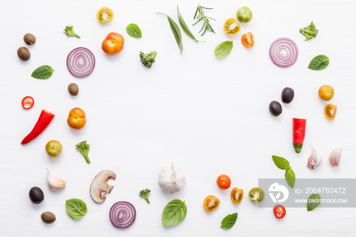 Various fresh vegetables and herbs on white background.Ingredients for cooking concept sweet basil ,