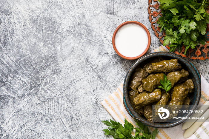 Traditional dolma  (sarma) in grape leaves with copyspace. Lebanon turkish greek middle eastern cuis