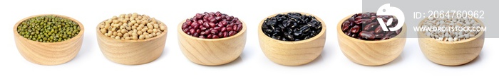 Collection of legumes ; green mung bean, soybean, red adzuki bean in wooden bowl isolated on white b