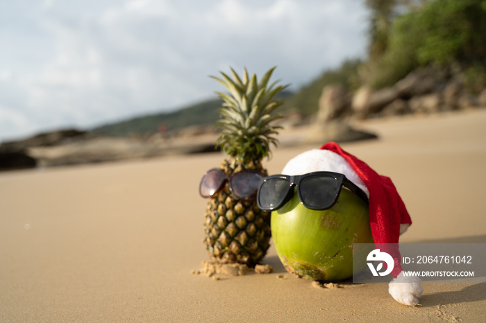 Coconut Holiday  with glasses and Santa Claus hat and pineapple,Concept Christmas on the beach Tropi