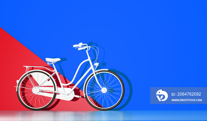 White bicycle on colorful wall background.