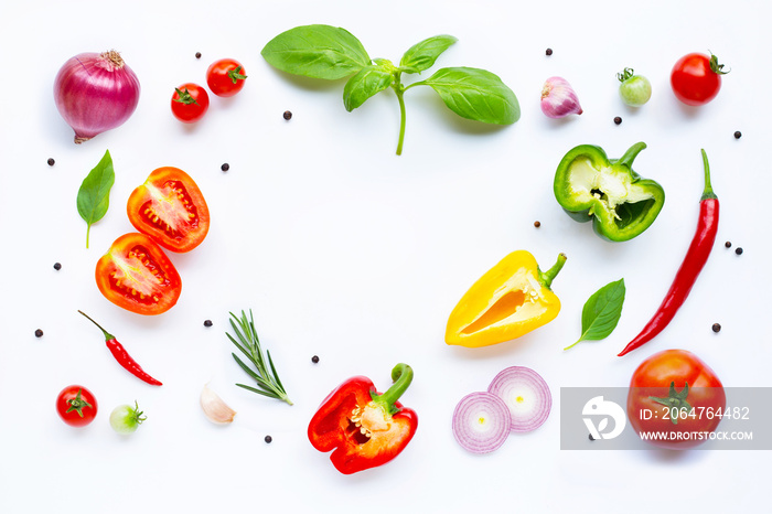 Various fresh vegetables and herbs on white background. Healthy eating concept