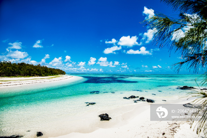 Beautiful panorama of tropical island. Paradise beach on Mauritius.