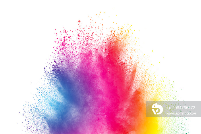 Abstract multi color powder explosion on white background.  Freeze motion of color dust  particles s