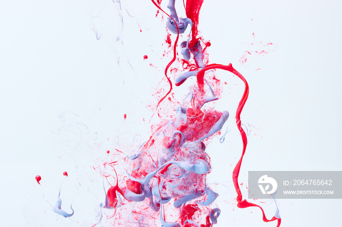 美丽的油漆在白色的水中飞溅曲线。丙烯酸漆滴背景。抽象的红色和蓝色