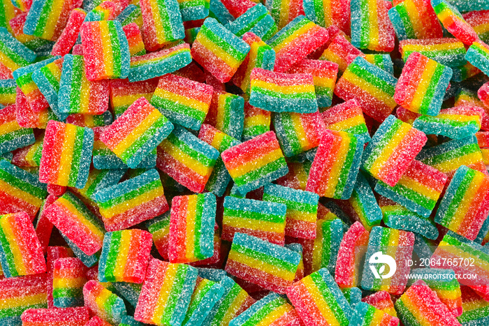 彩虹多汁的软糖背景。俯视图。果冻糖果。