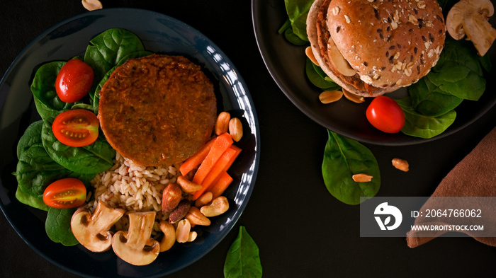 Plant based meat with brown rice and  vegetables. Whole grain burger and vegan meat.