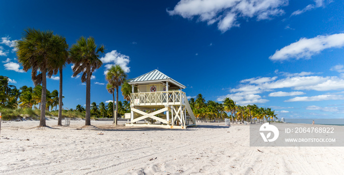 Lifeguard tower near the Palm trees on the Key Biscayne Beach