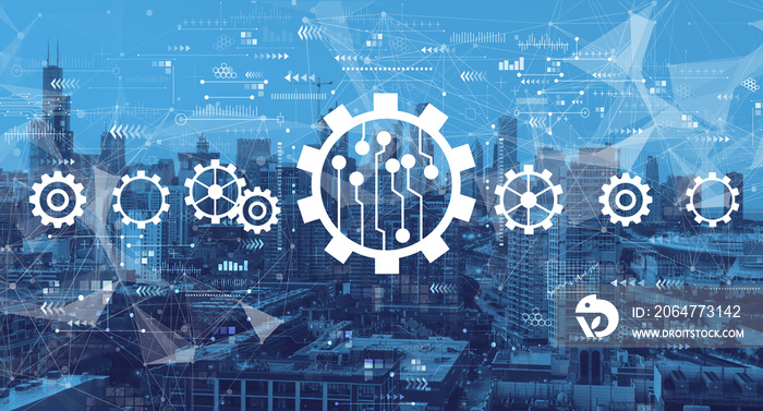 Automation concept with downtown Chicago cityscape skyscrapers
