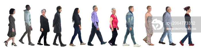 group of mixed people walking on white