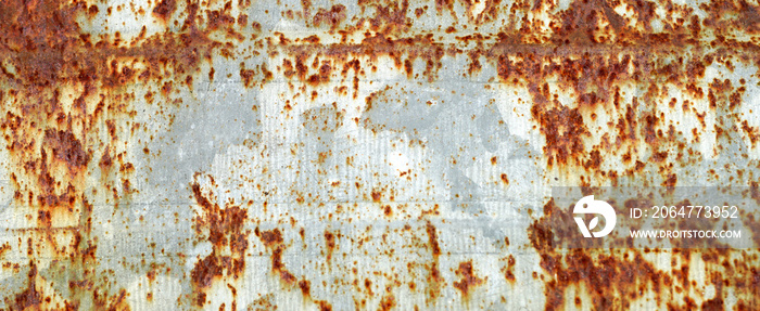 Rusted white painted metal wall. Rusty metal background with streaks of rust.