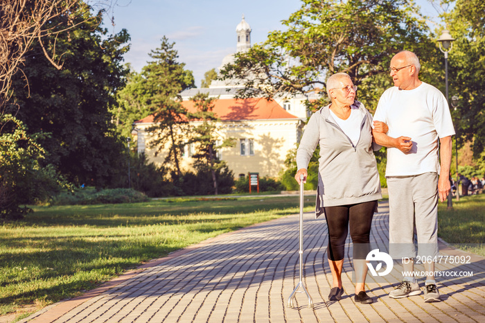 Happy Family - Elderly couple walking through the park.