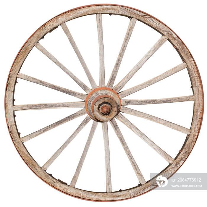 vieille roue en bois, fond blanc
