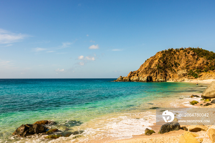 Travel photo of St. Barth’s Island, Caribbean. The famous Shell Beach, in St. Barth’s (St. Bart’s) C