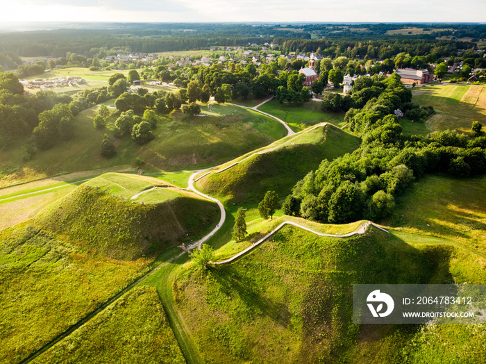 Aerial view of Kernave Archaeological site, a medieval capital of the Grand Duchy of Lithuania, tour