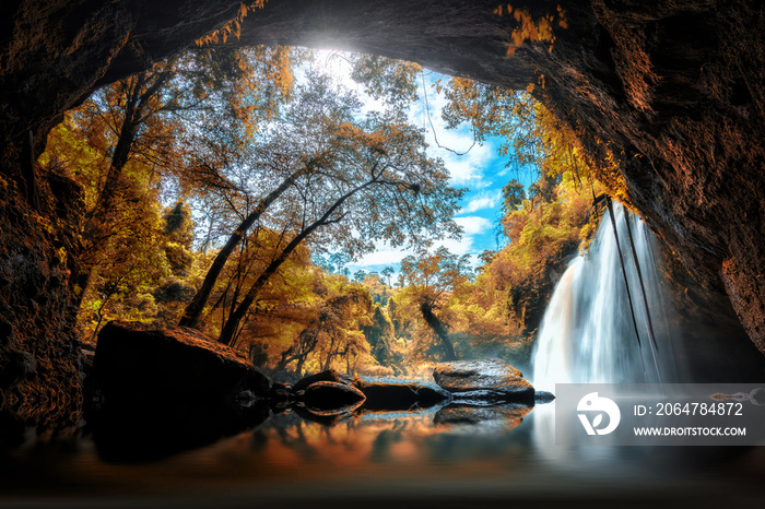 Haew Suwat Waterfall at Khao Yai National Park in Thailandl is a beautiful waterfall. Popular with t