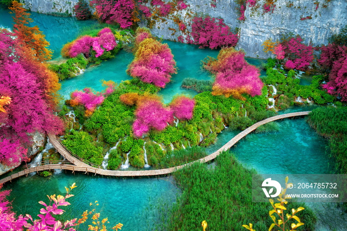 Beautiful wooden path in Plitvice Lake, Croatia.