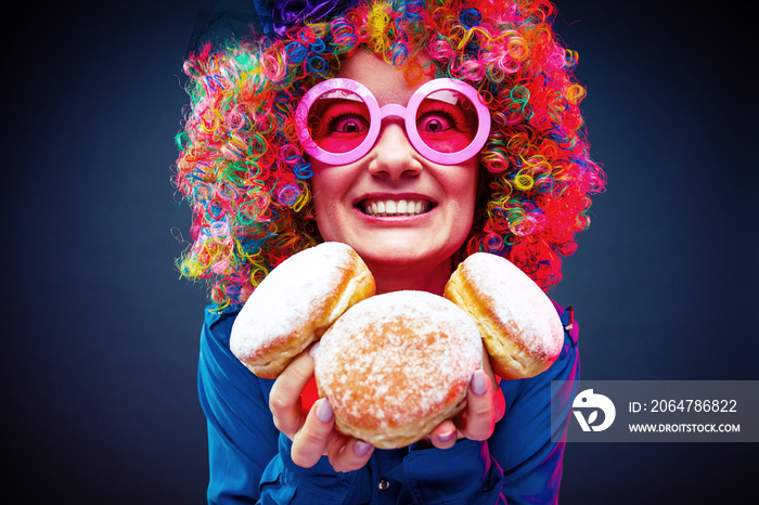 Portrait of beautiful party woman in wig and glasses Carneval 