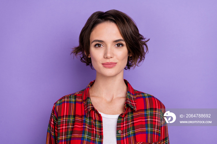 Photo of cute millennial bob hairdo lady wear red shirt isolated on violet color background