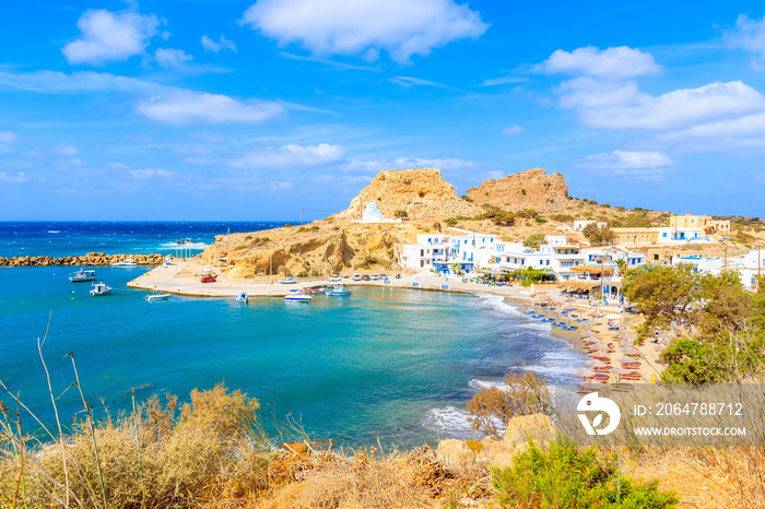 View of beautiful Finiki beach and port, Karpathos island, Greece