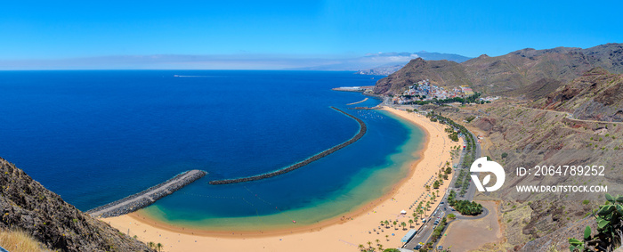 Playa de Las Teresitas, beautiful beach  with turquoise water and gold sand in Tenerife, Spain.