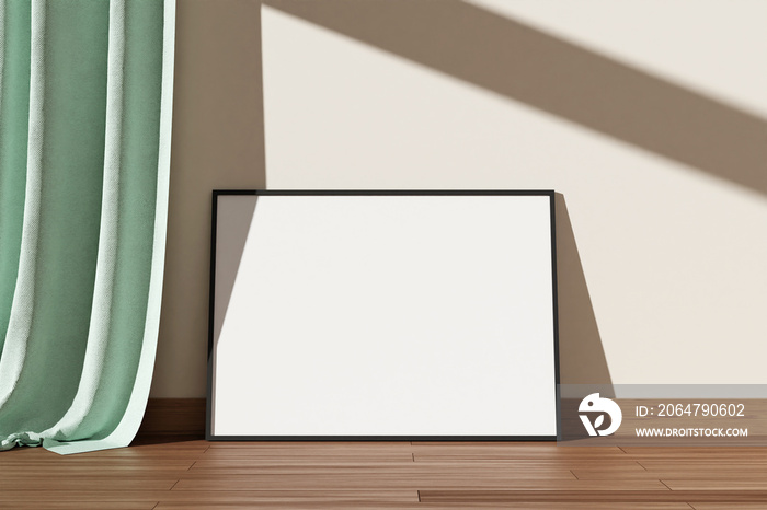 Minimalist and clean horizontal black poster or photo frame mockup on the wooden floor leaning again