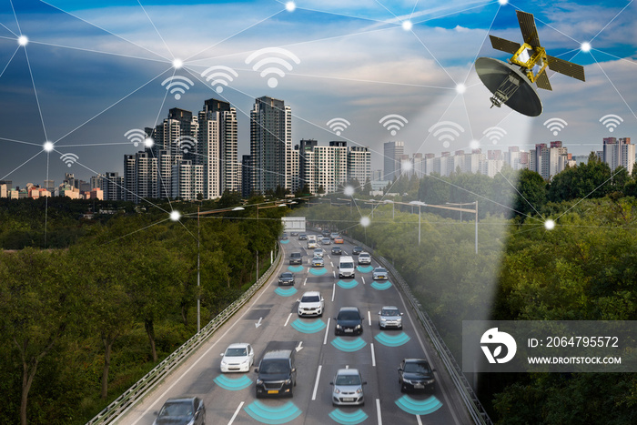 智能汽车，地铁城市道路物联网概念上的自动驾驶模式车辆。
