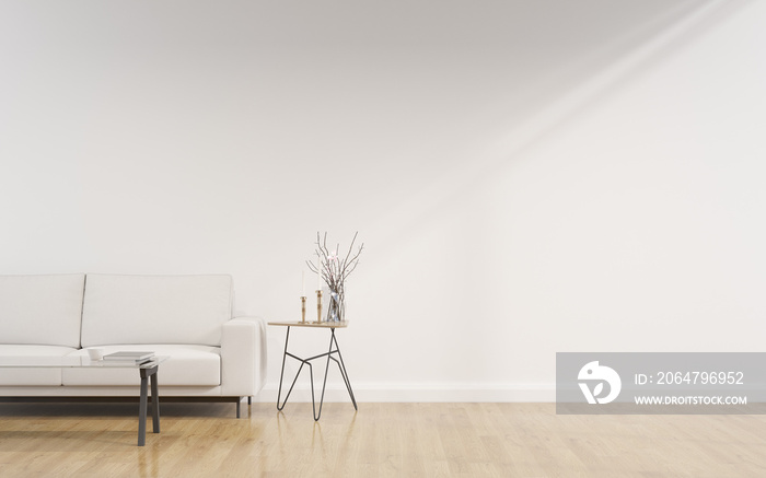 简约风格的白色客厅，强化木地板上有沙发和小边桌。透视
