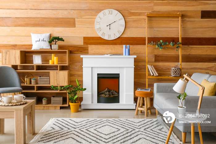 Interior of stylish living room with modern fireplace