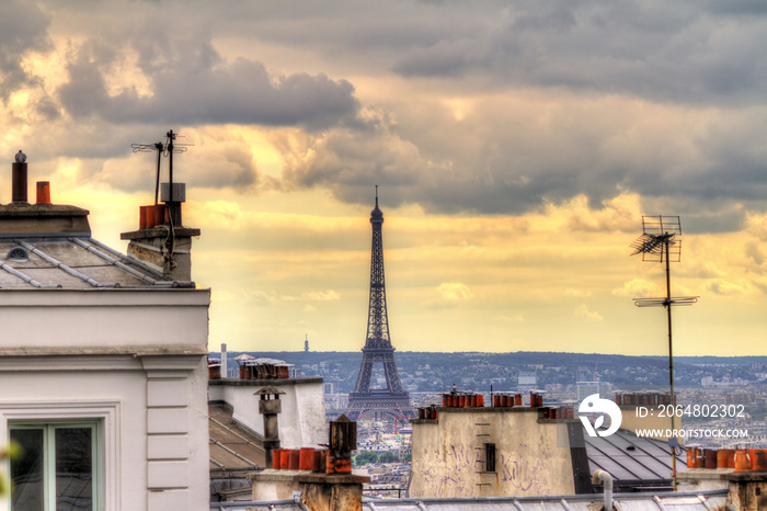 Paris spring cityscape with the Eiffel tower seen from Montmartre in the afternoon