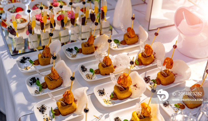 Luxury food on wedding table. Small appetizers on white plates. raw with snacks. Closeup.