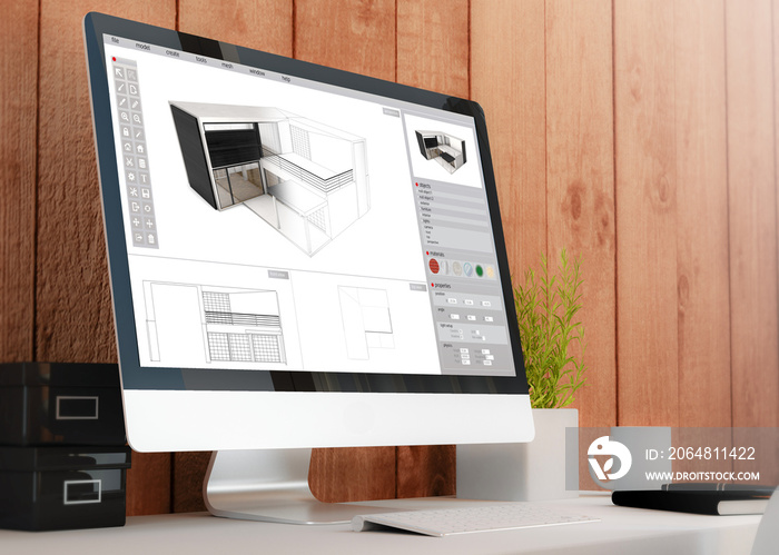 modern workspace with computer showing house project