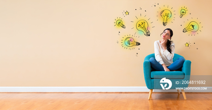 Idea light bulbs with woman in a thoughtful pose in a chair