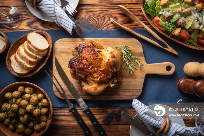 whole chicken dinner image, flat lay