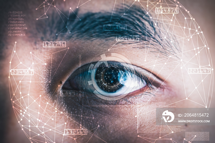 商人眼睛的双重曝光图像与未来全息图叠加。的概念