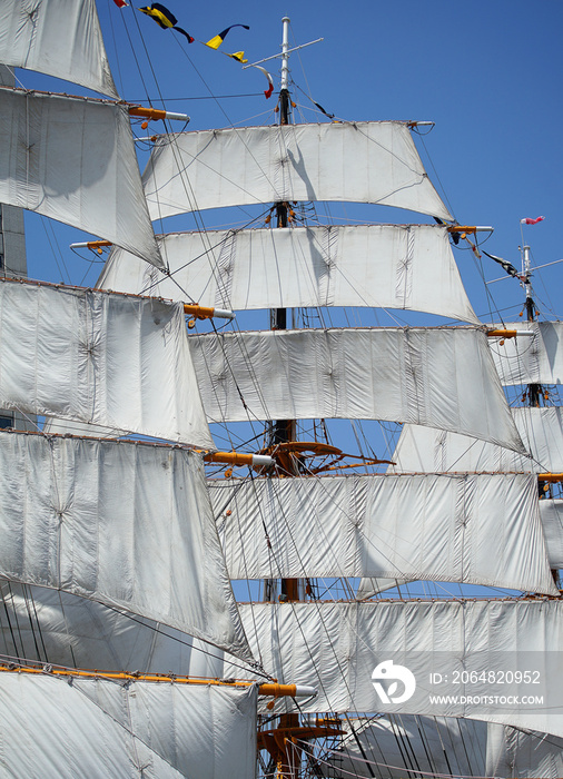 Sail of the sailing boat anchoring in the port of the blue sky of the day when it was fine