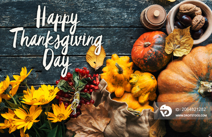 Happy Thanksgiving day concept - traditional holiday food with pumpkins on old wooden.