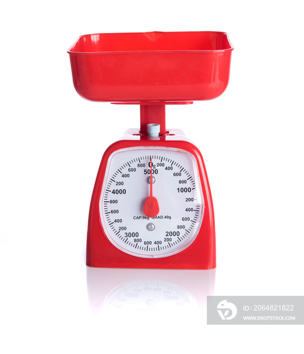 Red kitchen scales isolated on white background