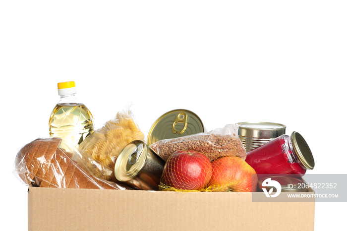 Donation box isolated on white background. Paper box with food