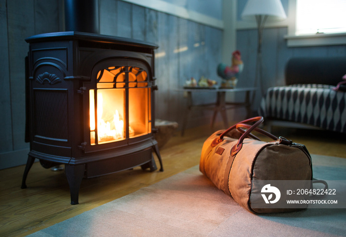 Bag on carpet by fireplace