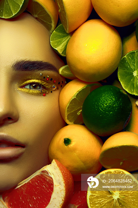 Model lies among many citrus fruits.