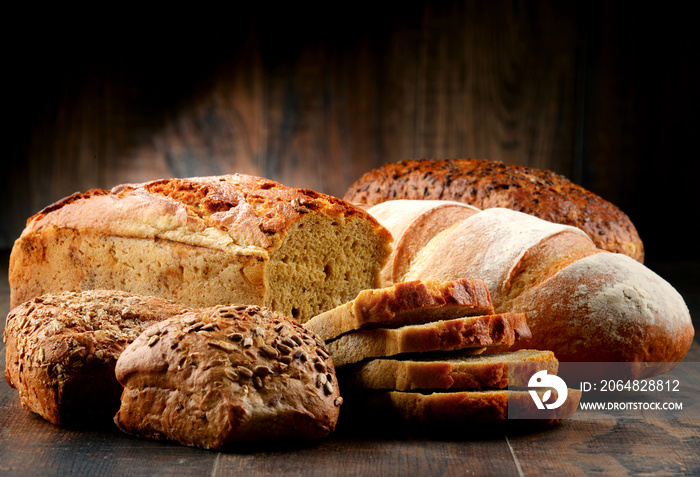 Composition with variety of baking products on wooden table