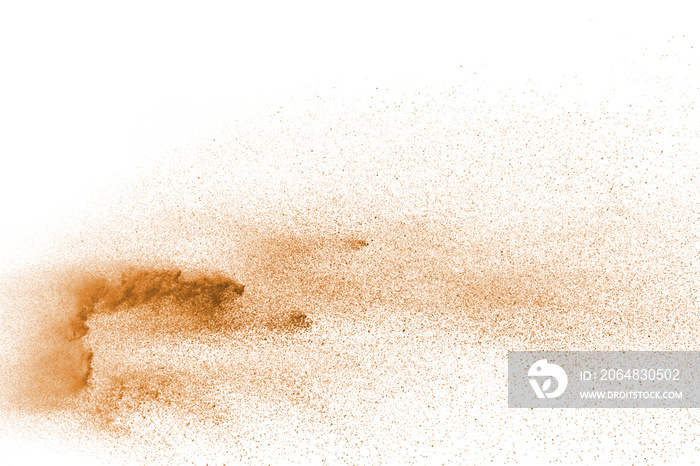 Explosion of brown powder on white background.