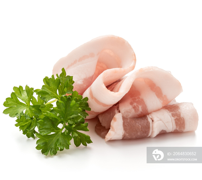 sliced bacon and parsley leaves isolated on white background cutout