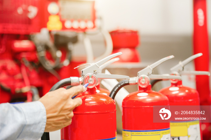 Engineer inspection Fire extinguisher and fire hose,Ready to use in the event of a fire.Safety first