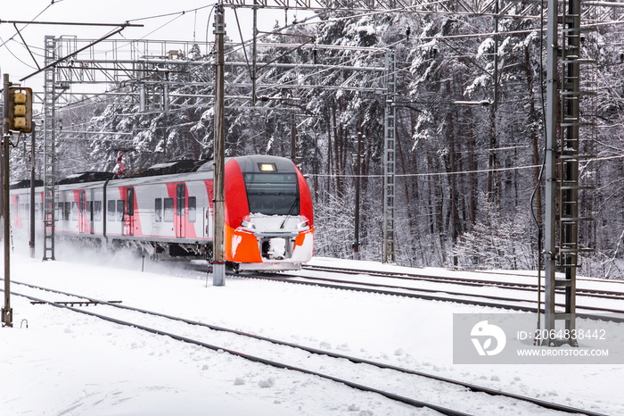 Red electric train moves through winter forest