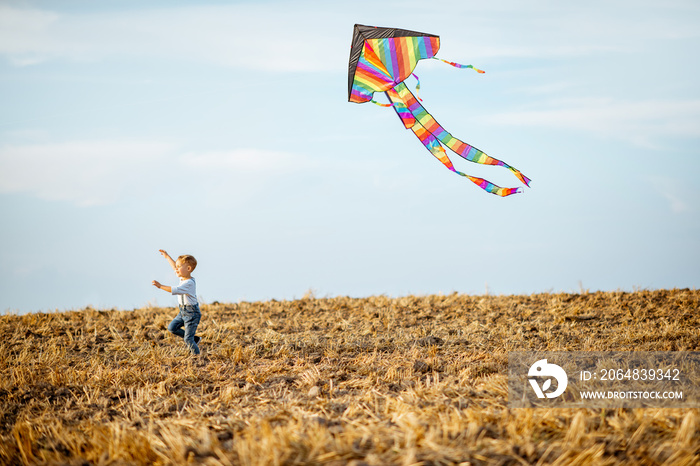 Kid running with colorful air kite on the field. Concept of a happy childhood, having fun during the