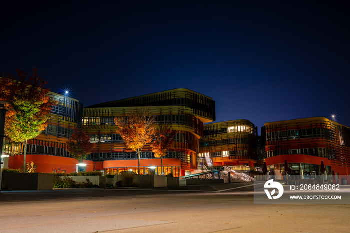 modern futuristic Economic University of Vienna at night