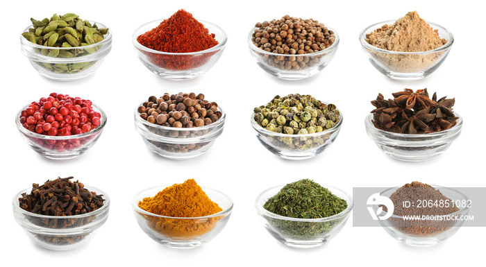 Many bowls with various spices on white background