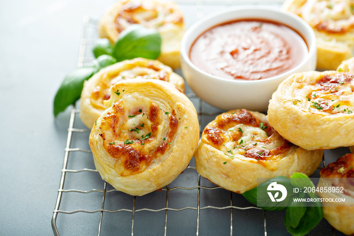 Ham and cheese rolls with marinara sauce, baked snack for kids